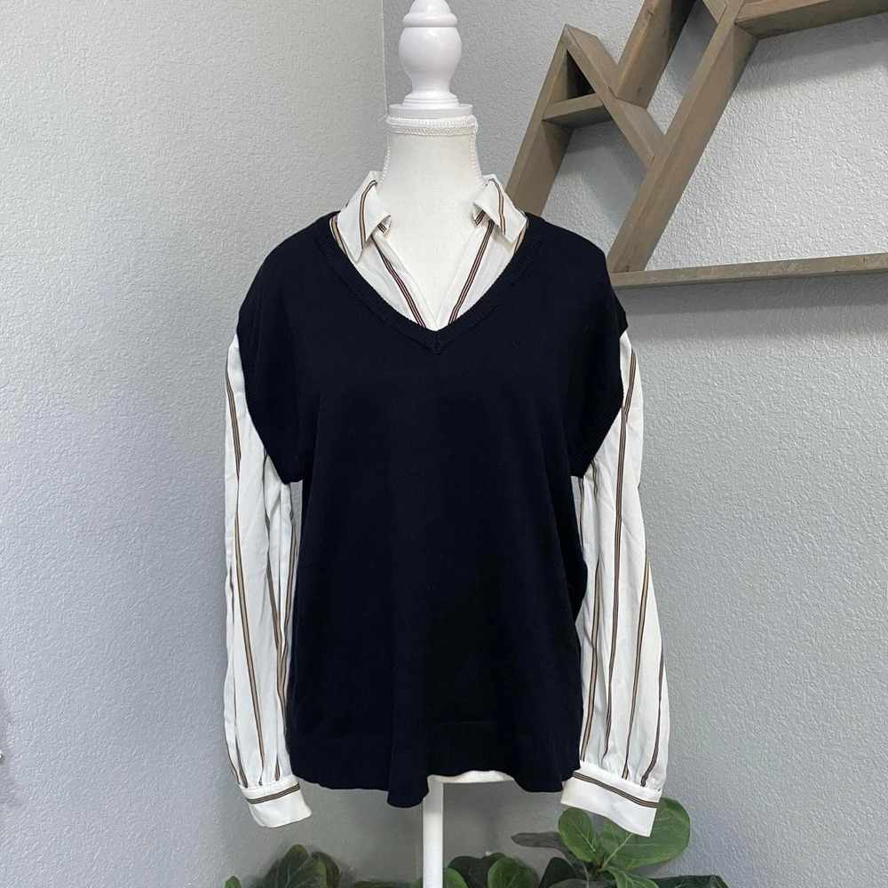 ADRIANNA PAPELL BLACK WHITE MIXED MEDIA SWEATER VEST STRIPED SHIRT COLLAR BLOUSE
